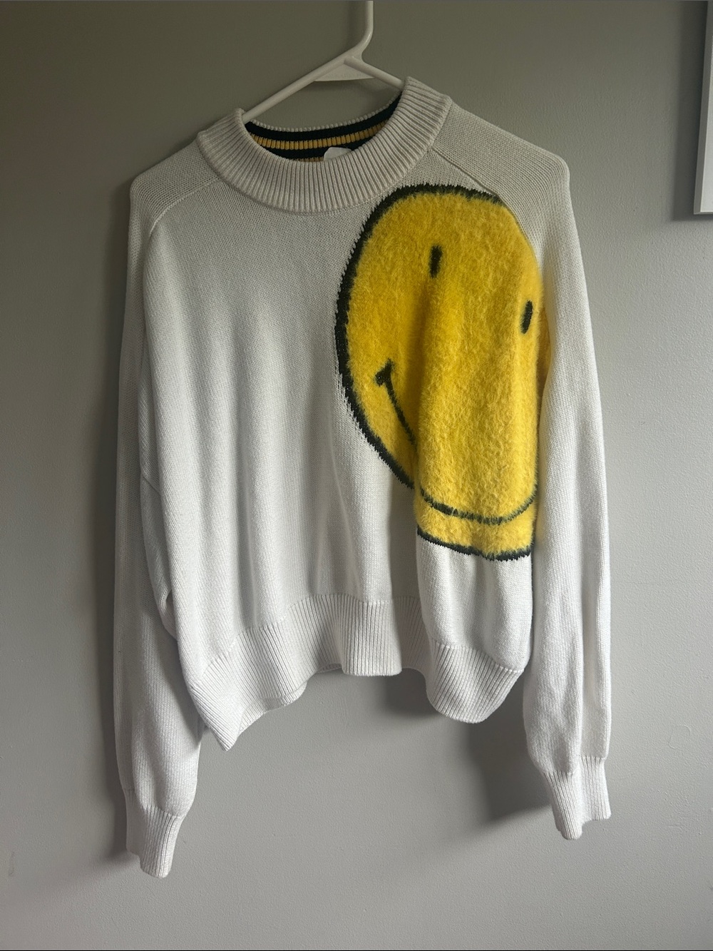 Desigual White Sweater with Yellow Smiley Graphic